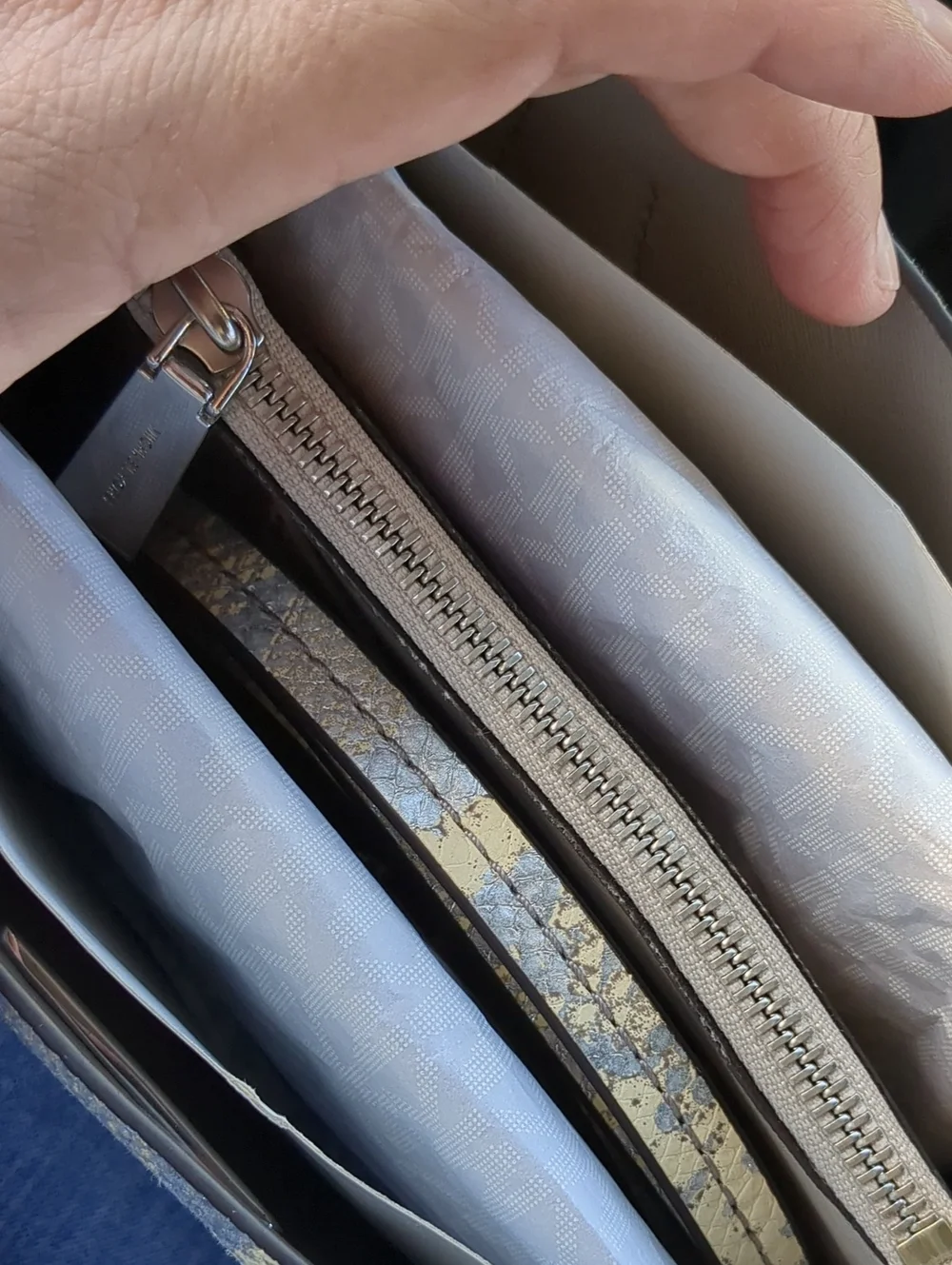 NWOT! Flawed Michael Kors Cream and Silver Snake-Print Genuine Leather Tote